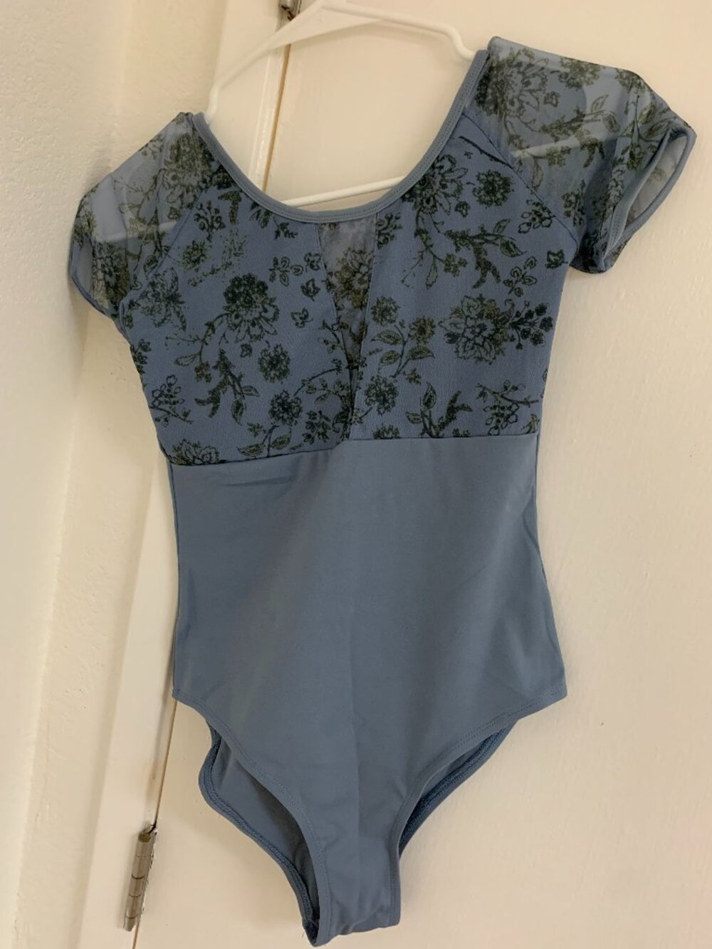 Eleve Light Blue Floral Mesh Short Sleeve Ballet Leotard
